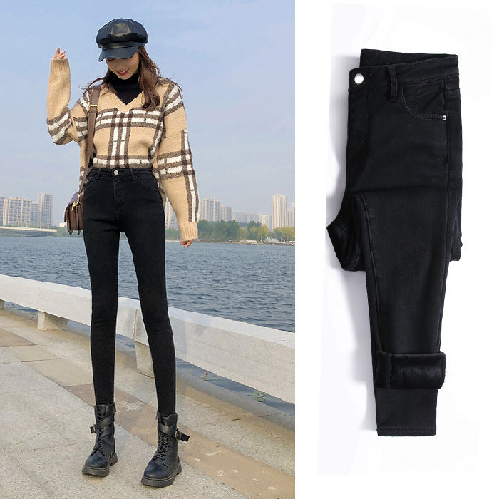 Fleece Jeans Women'S High Waist  Outer Wear With Fleece Thickening Heat And Thin Tight Feet Pants