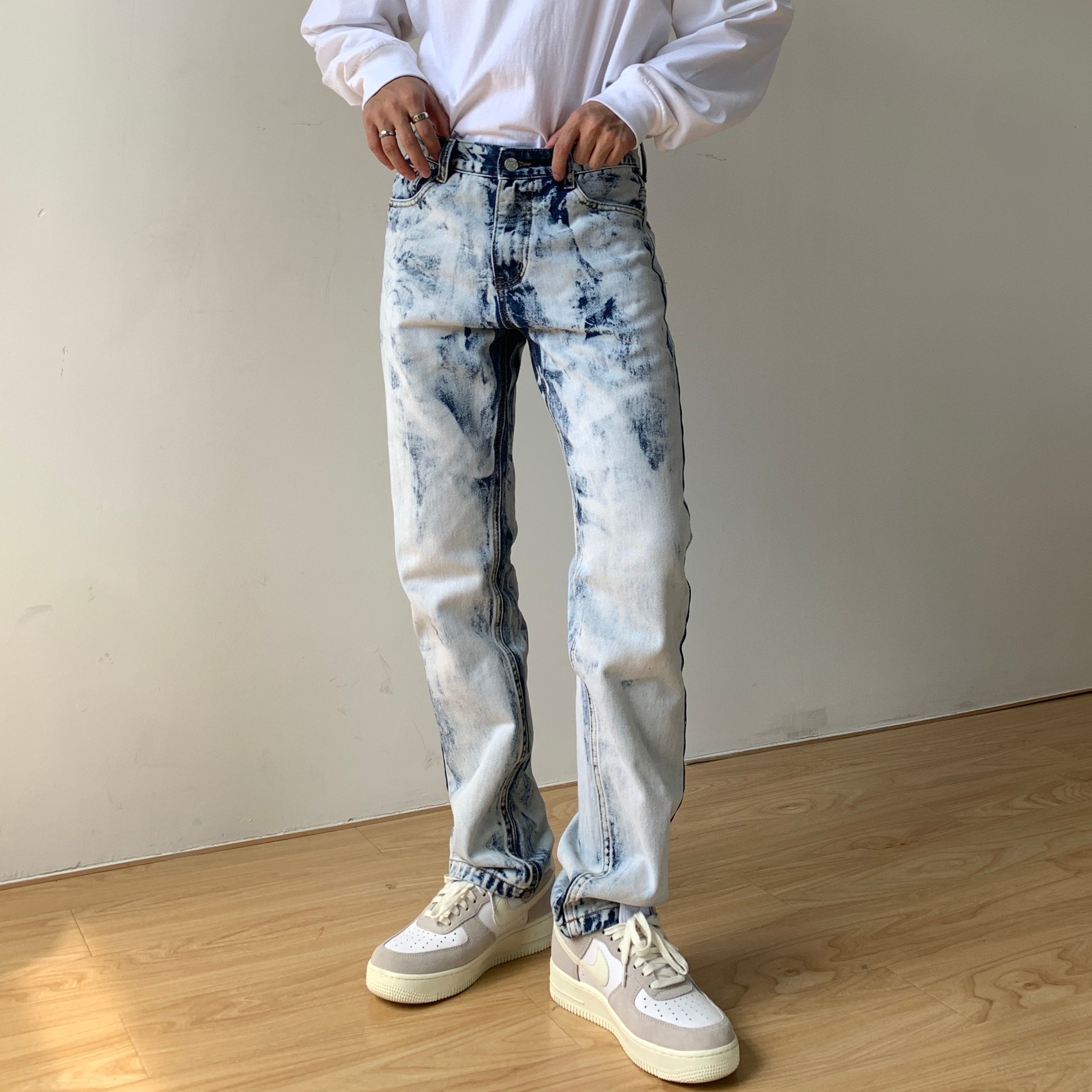 Tie-Dye White High Street Straight Slim Casual Trousers