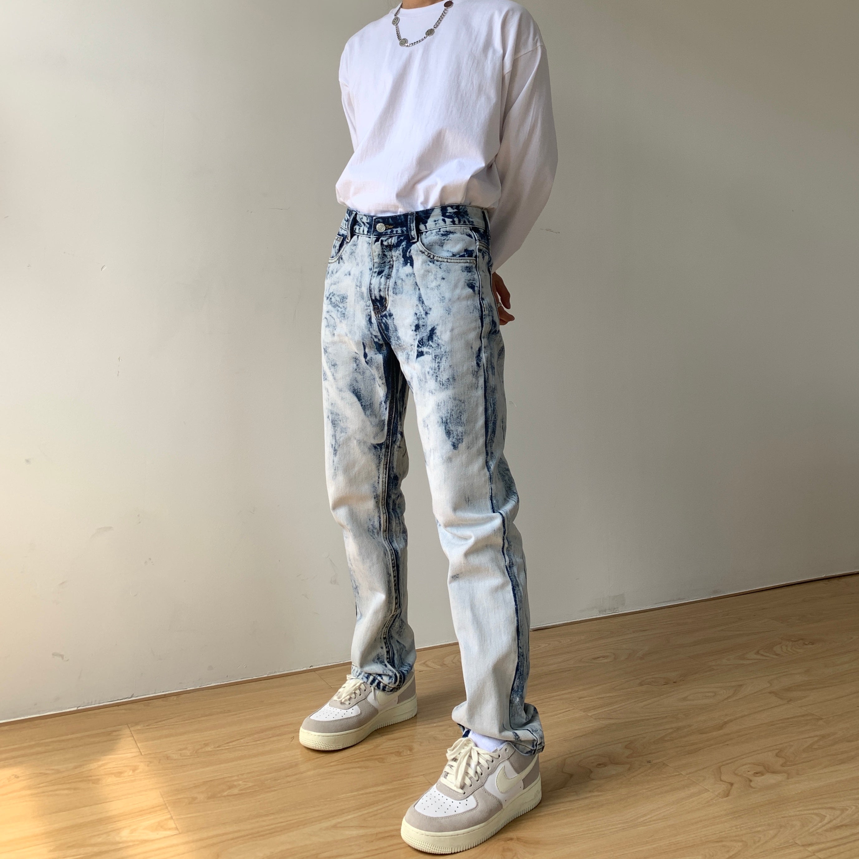 Tie-Dye White High Street Straight Slim Casual Trousers