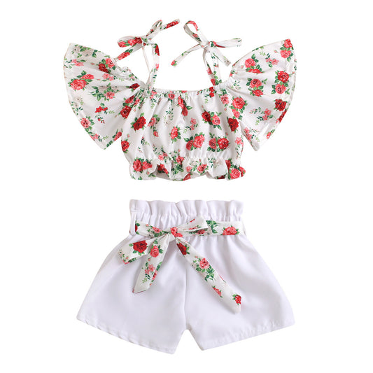 White Printed Rose Flower Off Shoulder Short Top  White Fashion Shorts With Belt