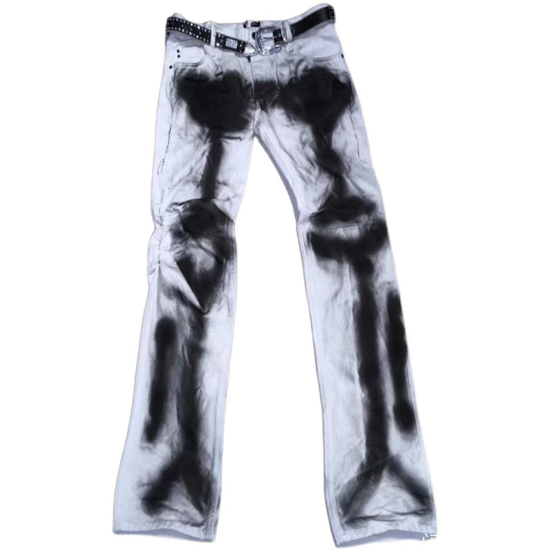 Bone Skeleton Spray Painting Niche Hip Hop Jeans