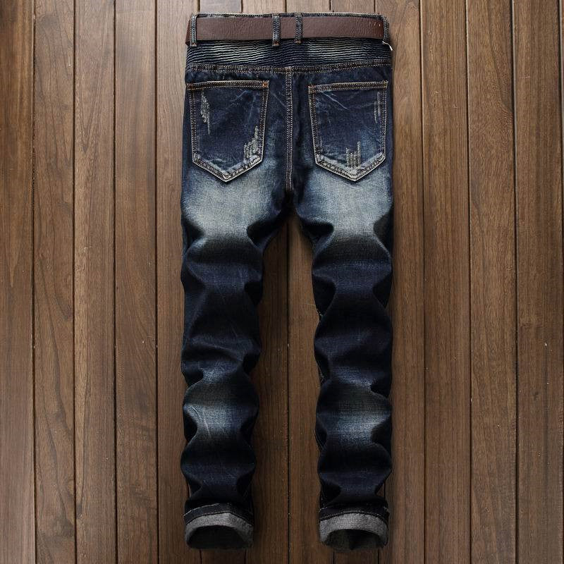 Men's Jeans Fashion Snowflake Fold Slim Fit Motorcycle Small Straight Trousers