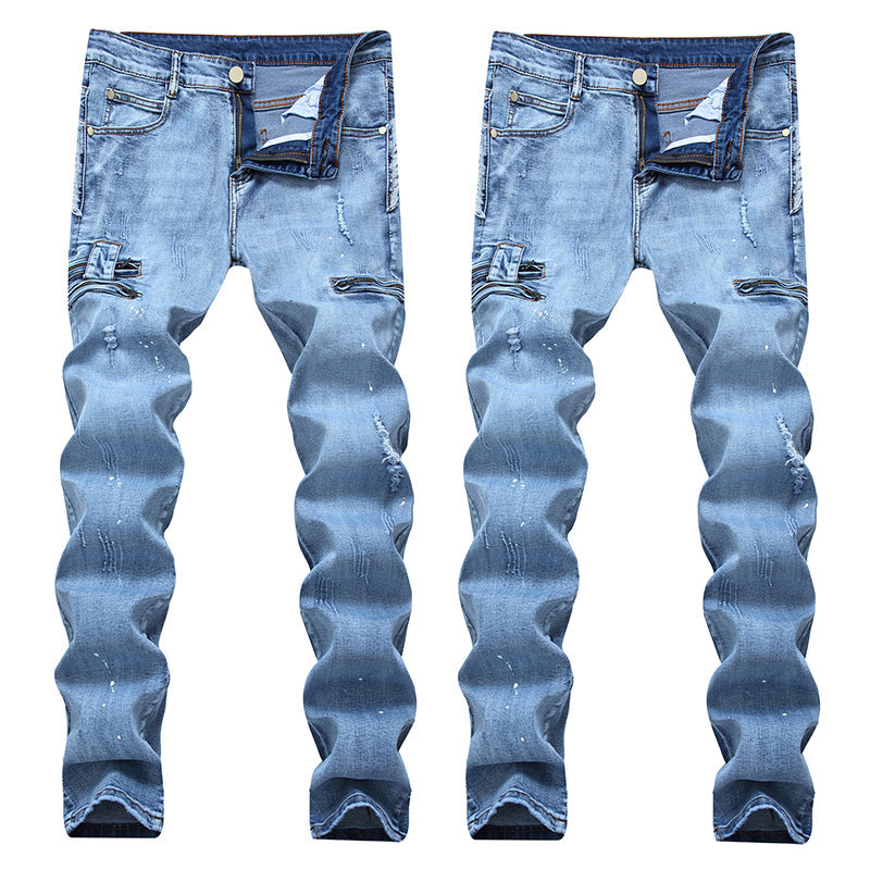 Washed Water Yellow Printed Zipper Foreigner Stretch Retro Tide Amazon Explosion Trousers Men'S Foreign Trade Jeans