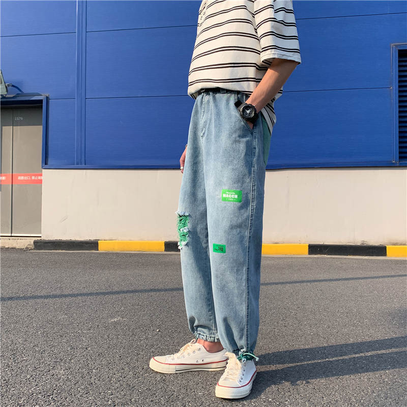 Pants Men's New Trendy Brand Loose Straight Leg Wide-leg Hip-hop Street Trend Falling Feeling Drawstring Drawstring Ripped Jeans