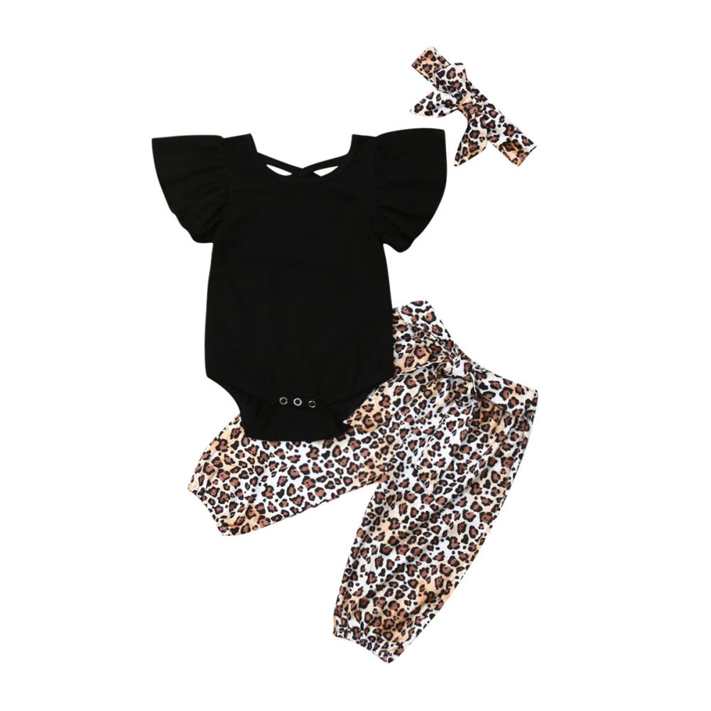 Black Short-sleeved Top And Leopard Print Trousers Suit