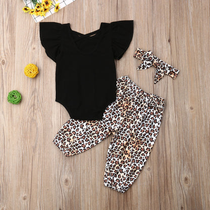 Black Short-sleeved Top And Leopard Print Trousers Suit