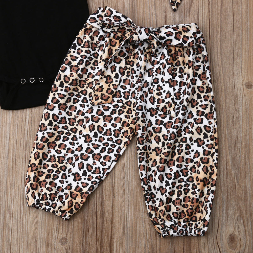 Black Short-sleeved Top And Leopard Print Trousers Suit