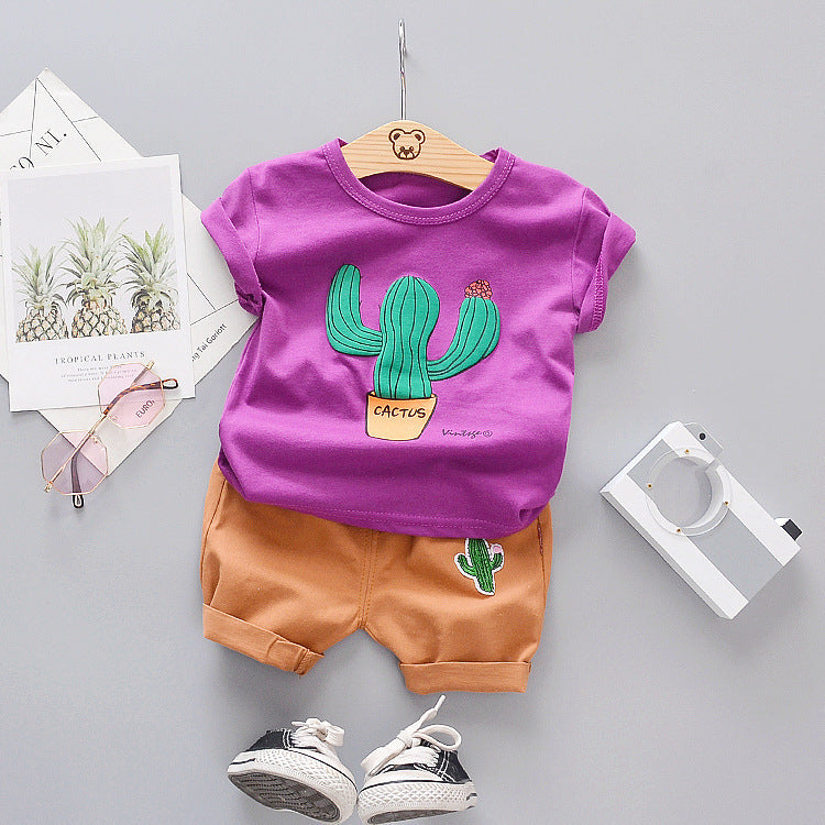 Cartoon Cactus T-shirt Children's Suit New Children's Short-sleeved Shorts Two-piece Suit