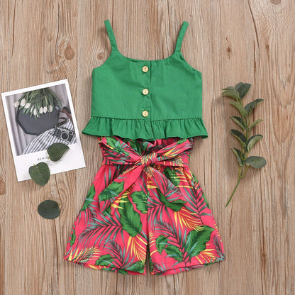 Sling Solid Color Lace Top Plant Print Shorts Suit