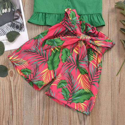 Sling Solid Color Lace Top Plant Print Shorts Suit