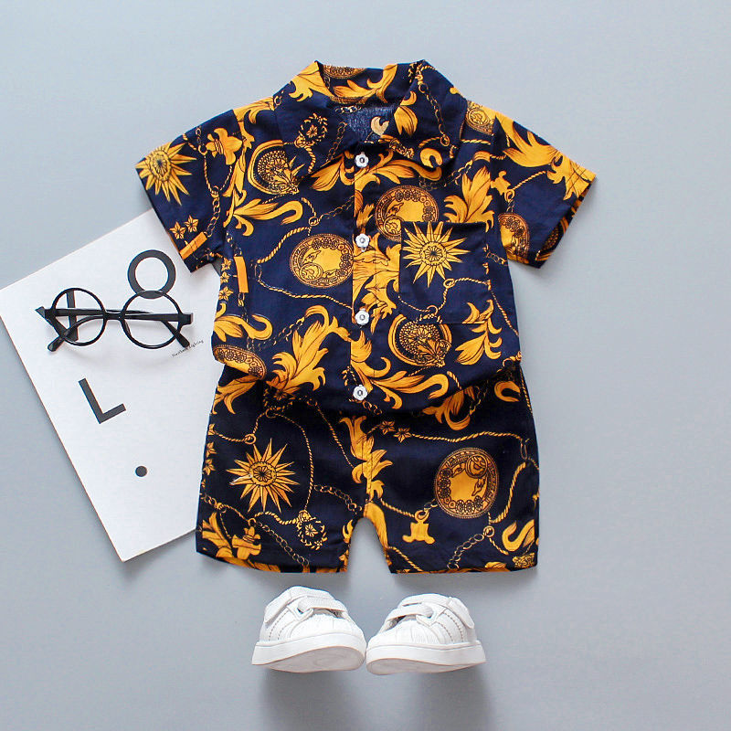 Short-sleeved Flower Shirt Shorts Suit Children's Vacation Beach Wear Casual Pants Tide