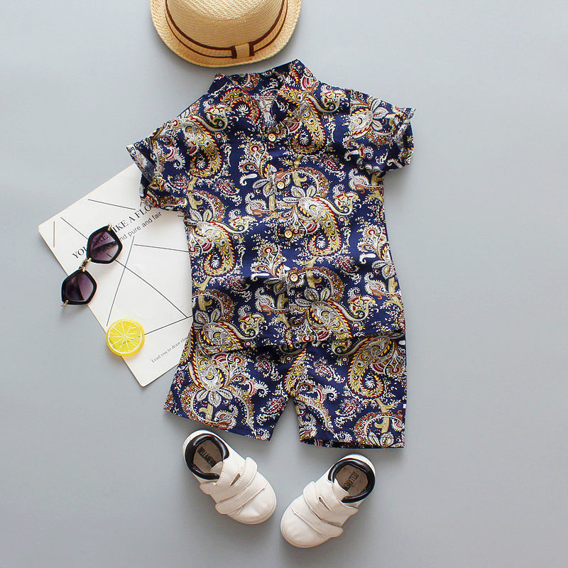 Short-sleeved Flower Shirt Shorts Suit Children's Vacation Beach Wear Casual Pants Tide