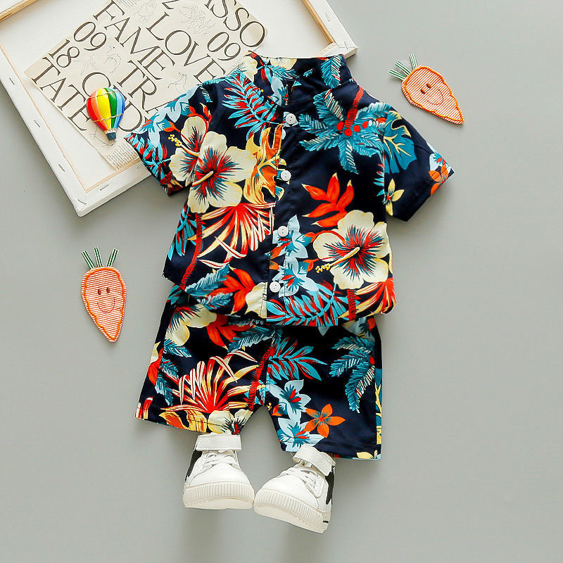 Short-sleeved Flower Shirt Shorts Suit Children's Vacation Beach Wear Casual Pants Tide