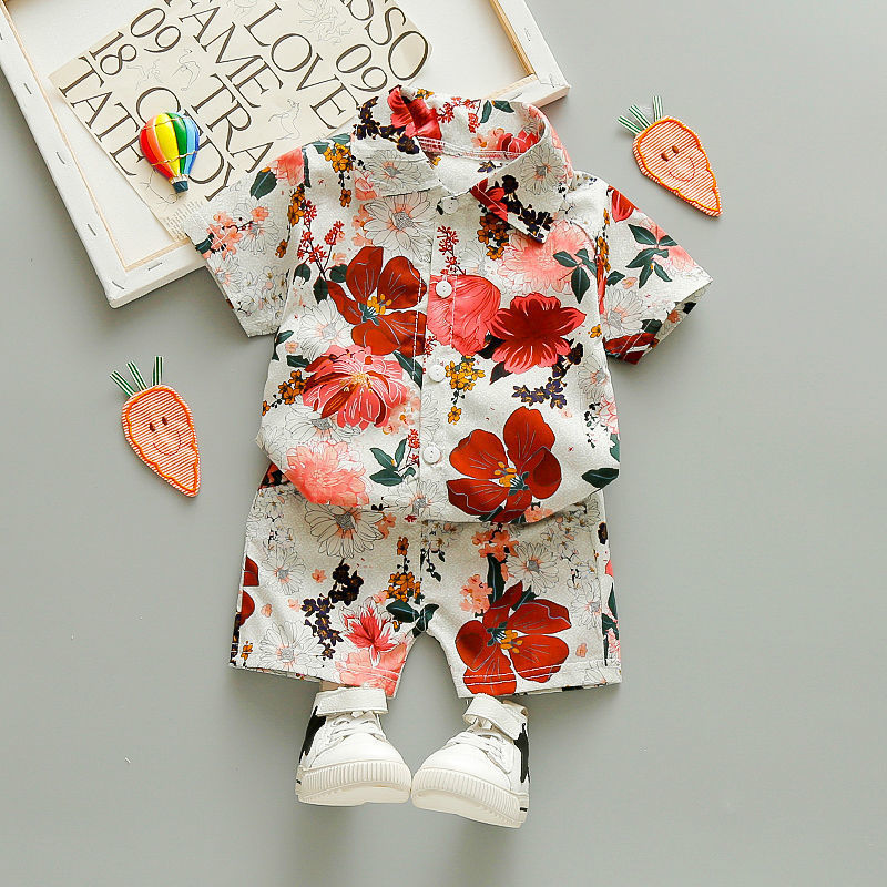 Short-sleeved Flower Shirt Shorts Suit Children's Vacation Beach Wear Casual Pants Tide