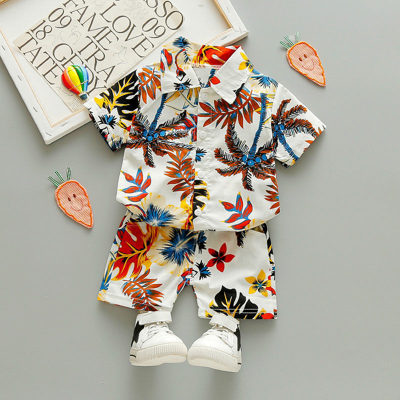 Short-sleeved Flower Shirt Shorts Suit Children's Vacation Beach Wear Casual Pants Tide