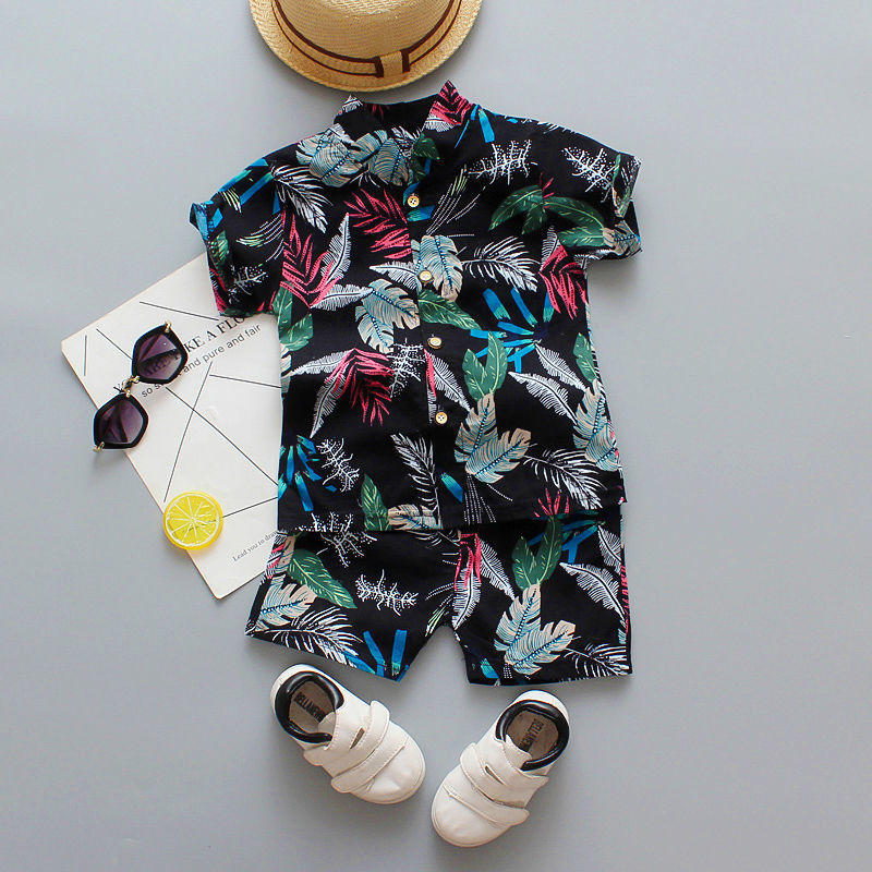 Short-sleeved Flower Shirt Shorts Suit Children's Vacation Beach Wear Casual Pants Tide