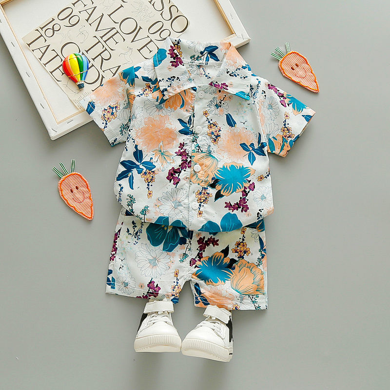 Short-sleeved Flower Shirt Shorts Suit Children's Vacation Beach Wear Casual Pants Tide