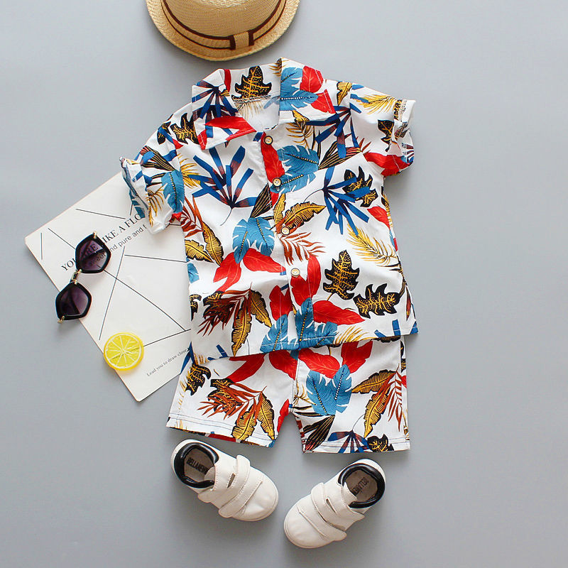 Short-sleeved Flower Shirt Shorts Suit Children's Vacation Beach Wear Casual Pants Tide