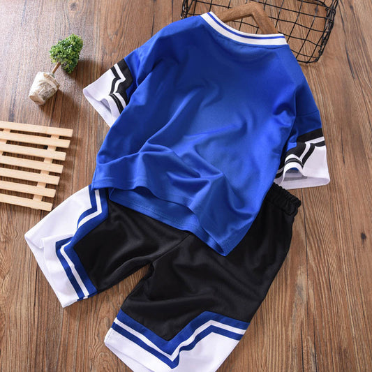 Boy's Summer Suit, Children's Short-Sleeved Shorts, Quick-Drying, Big Children's T-Shirt, Fake Two-Piece Pants, Printed Thin And Loose