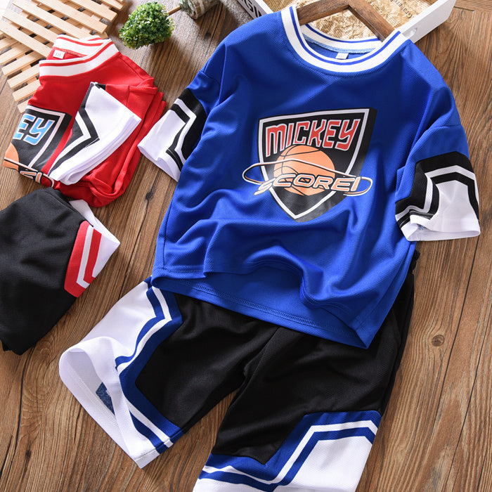 Boy's Summer Suit, Children's Short-Sleeved Shorts, Quick-Drying, Big Children's T-Shirt, Fake Two-Piece Pants, Printed Thin And Loose