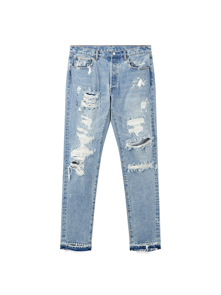 Distressed Washed Retro Light-colored Jeans With Ripped Raw Edges