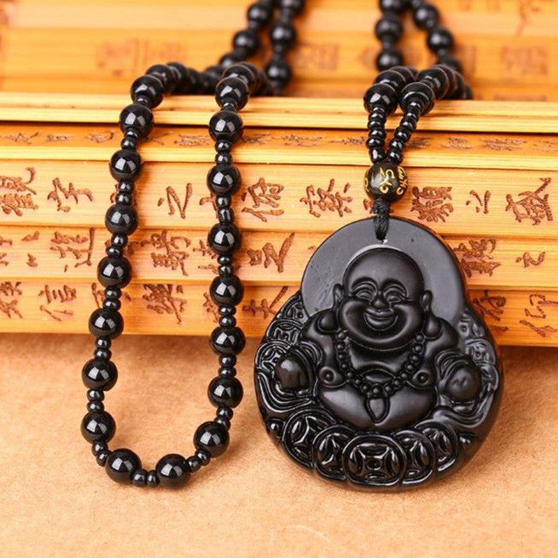 Natural Obsidian Pendant Natal Buddha Sweater Chain