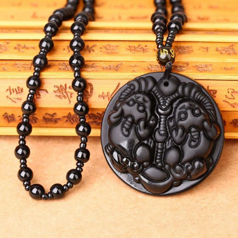 Natural Obsidian Pendant Natal Buddha Sweater Chain