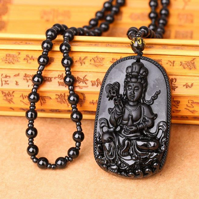 Natural Obsidian Pendant Natal Buddha Sweater Chain