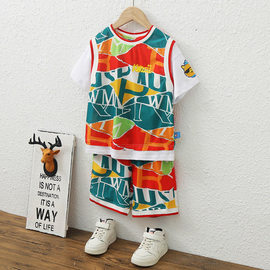 Korean Version Of Children's Summer Vest Boys Baby Mesh Short Sleeve Two-piece Suit