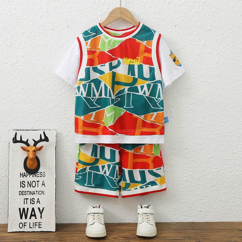 Korean Version Of Children's Summer Vest Boys Baby Mesh Short Sleeve Two-piece Suit