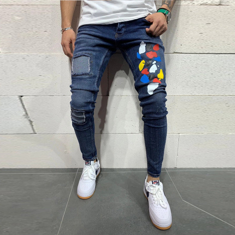 Patch Spots Print Men's Denim Trousers