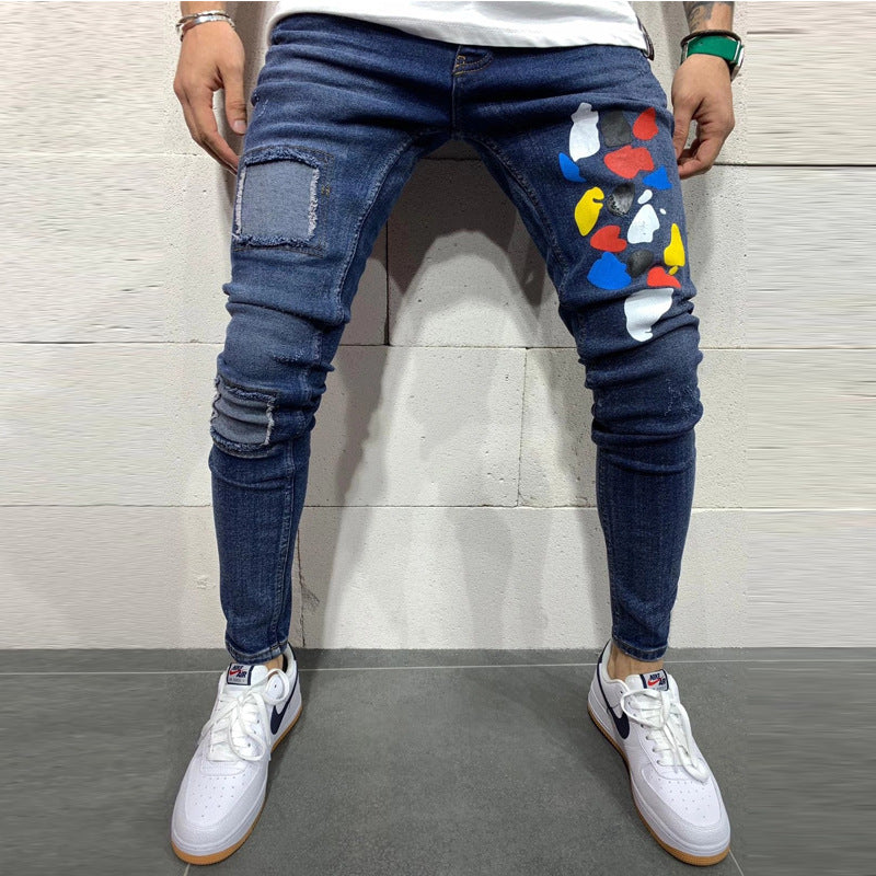 Patch Spots Print Men's Denim Trousers