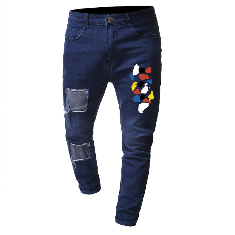 Patch Spots Print Men's Denim Trousers