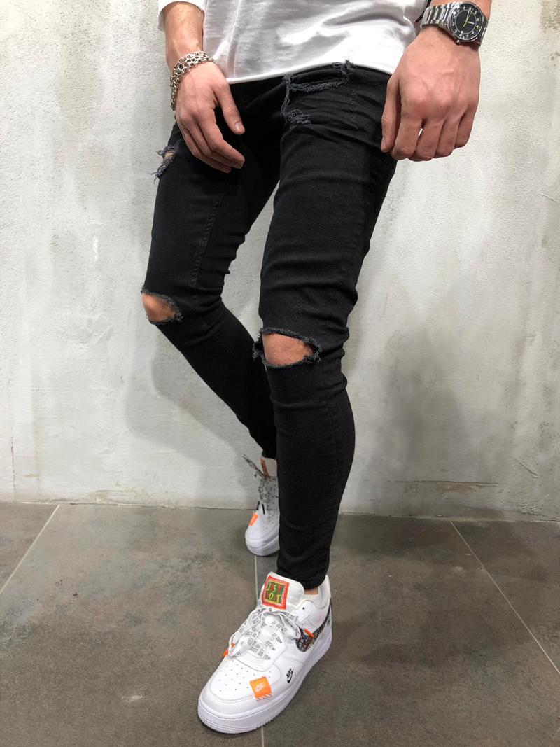 New Black Small Feet Jeans Men's Ripped Straight Leg Jeans