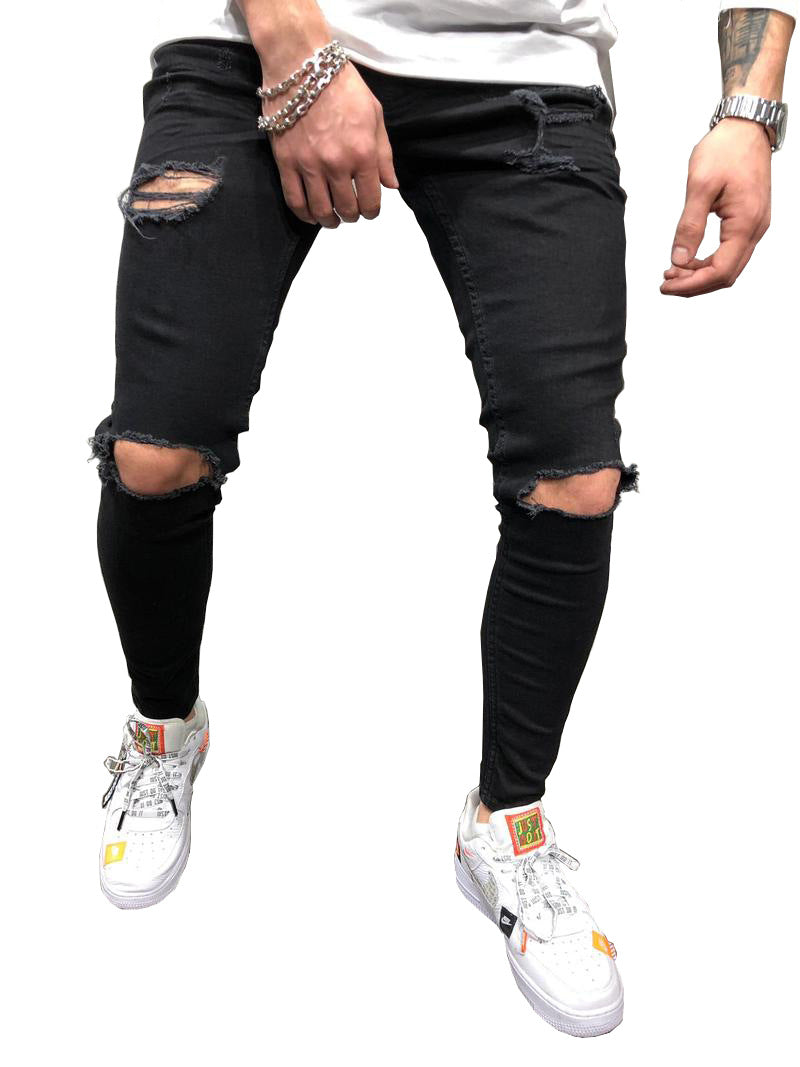 New Black Small Feet Jeans Men's Ripped Straight Leg Jeans