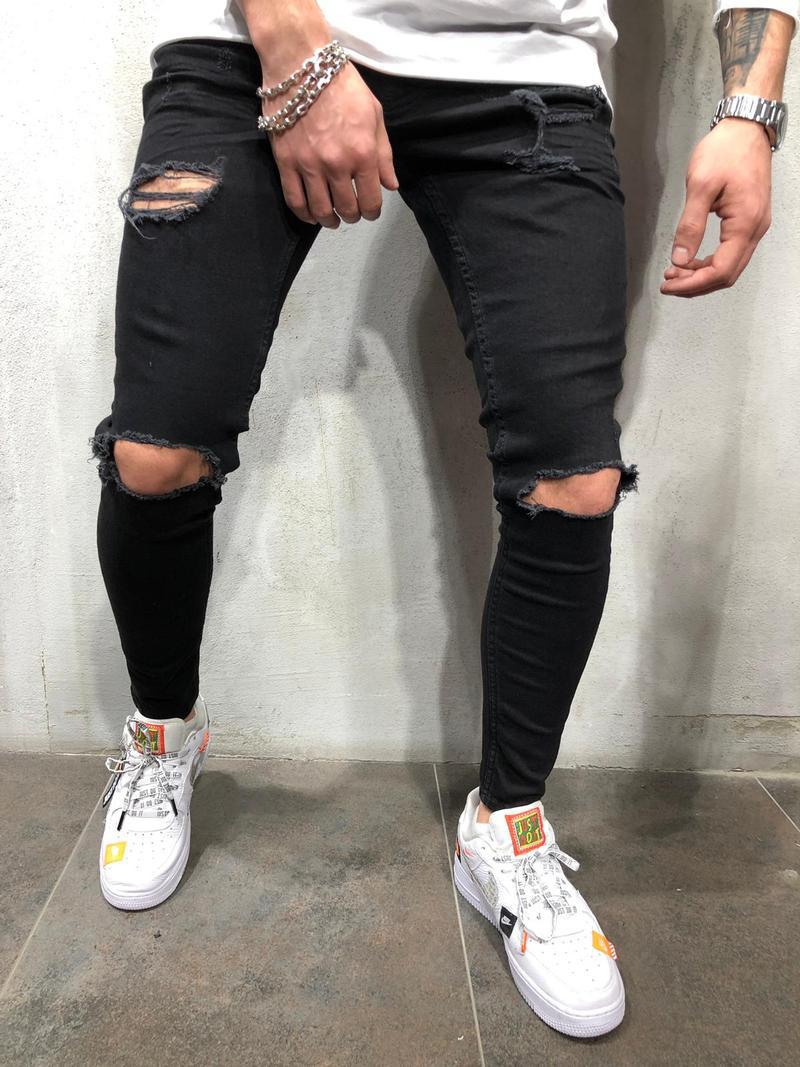 New Black Small Feet Jeans Men's Ripped Straight Leg Jeans