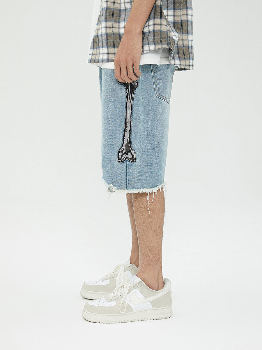 Bone Embroidery Destroyed Raw Edge Washed Denim Shorts