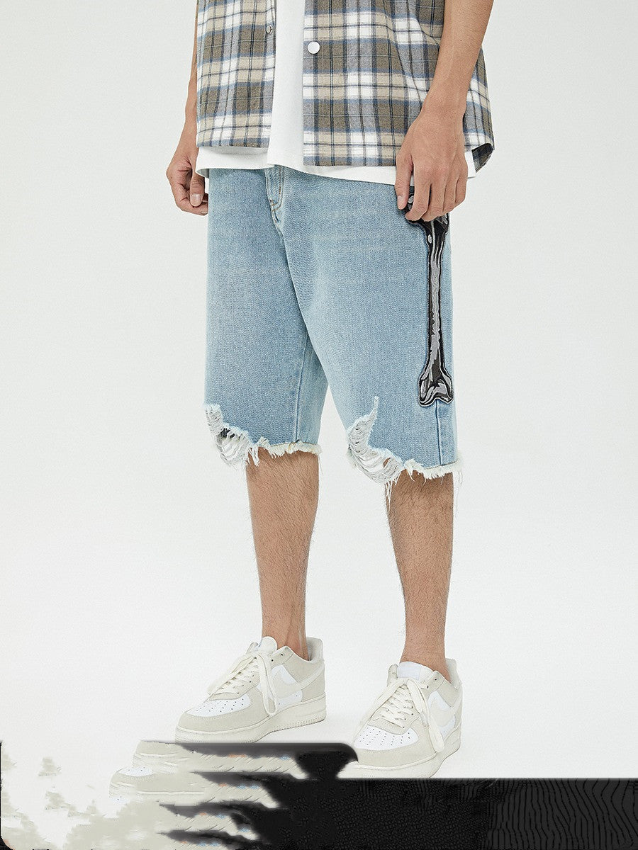 Bone Embroidery Destroyed Raw Edge Washed Denim Shorts