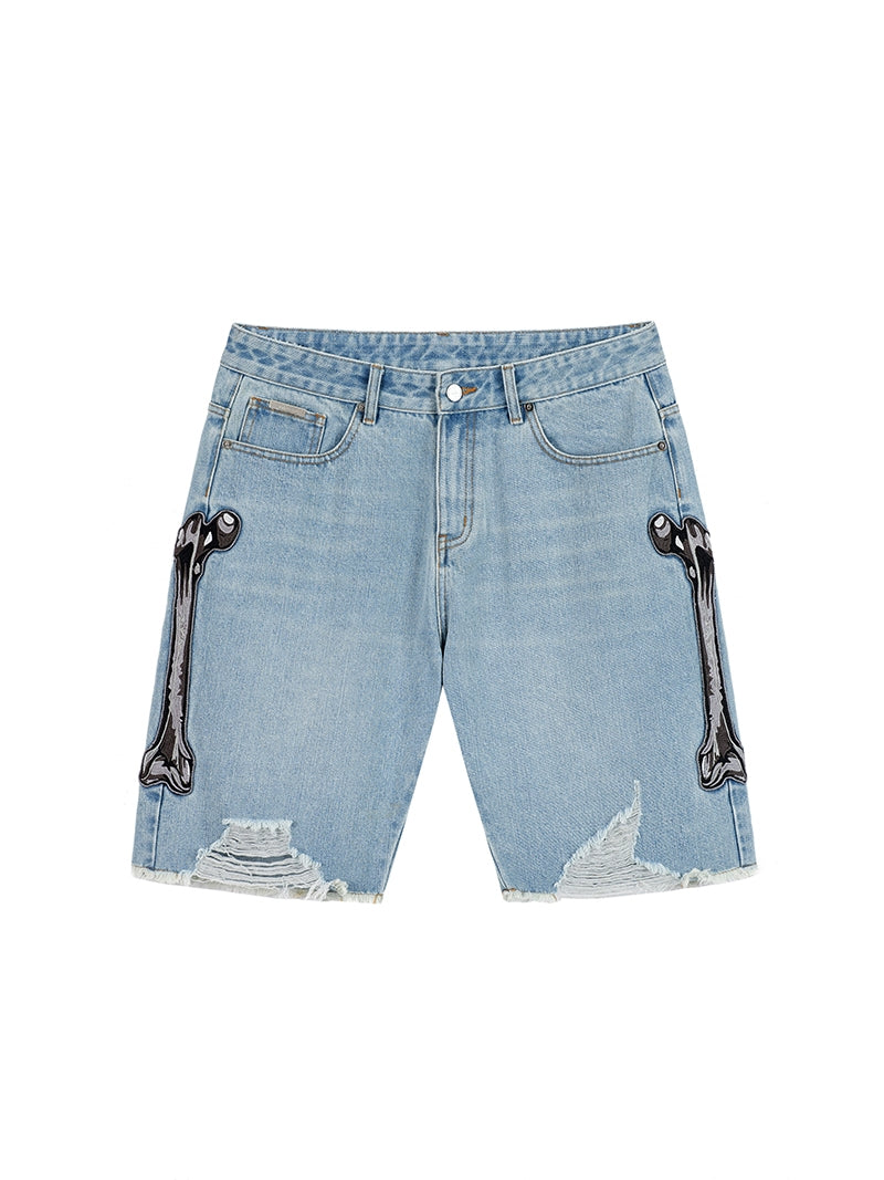 Bone Embroidery Destroyed Raw Edge Washed Denim Shorts