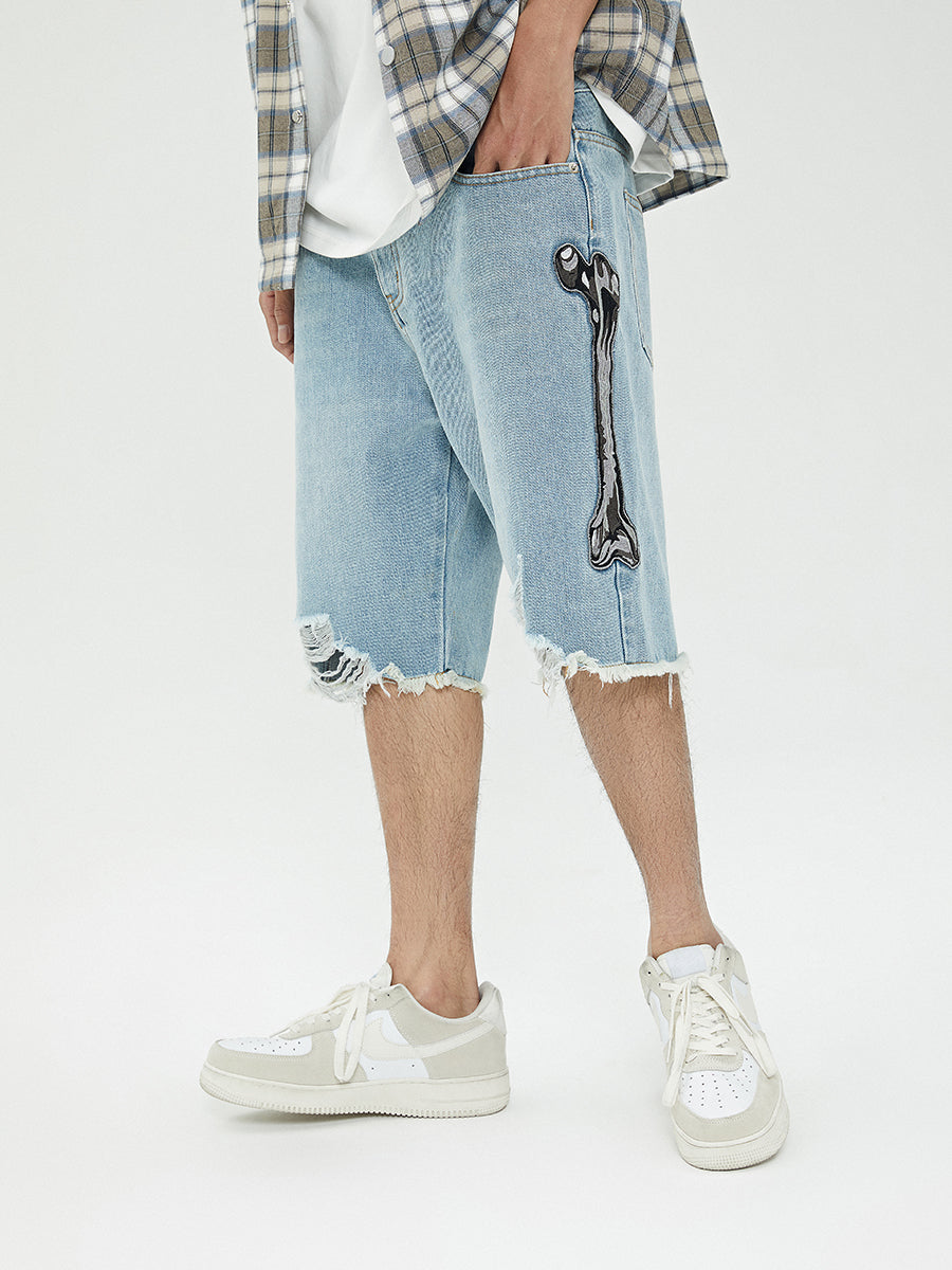 Bone Embroidery Destroyed Raw Edge Washed Denim Shorts