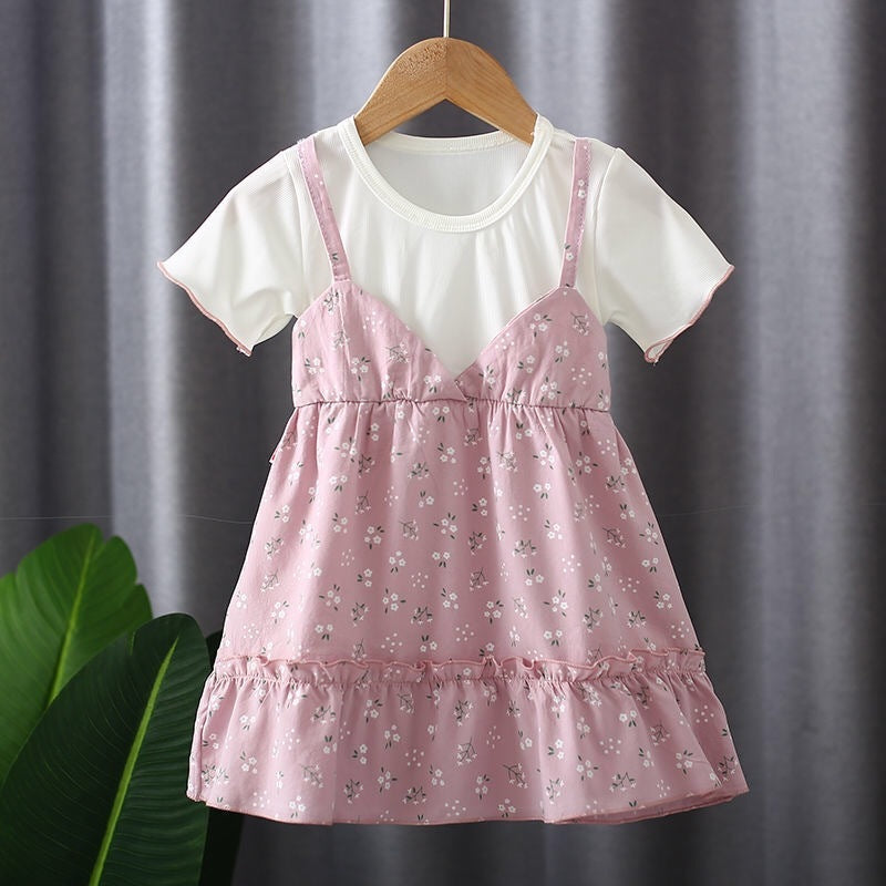 Girls' Dress Summer Style Fashion Round Neck Fake Two-piece Suspender Skirt