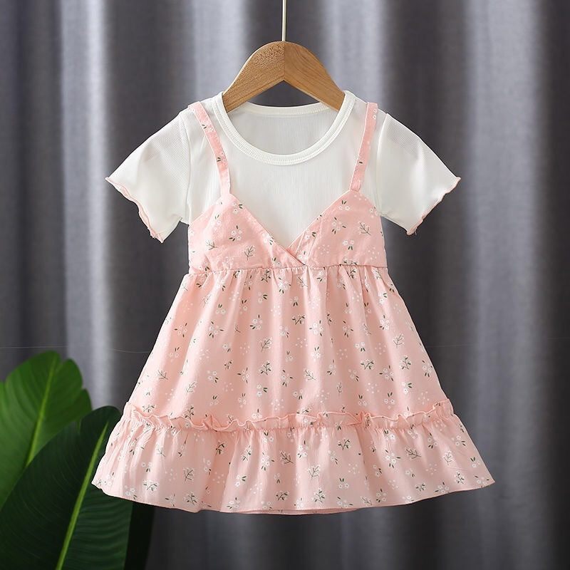 Girls' Dress Summer Style Fashion Round Neck Fake Two-piece Suspender Skirt