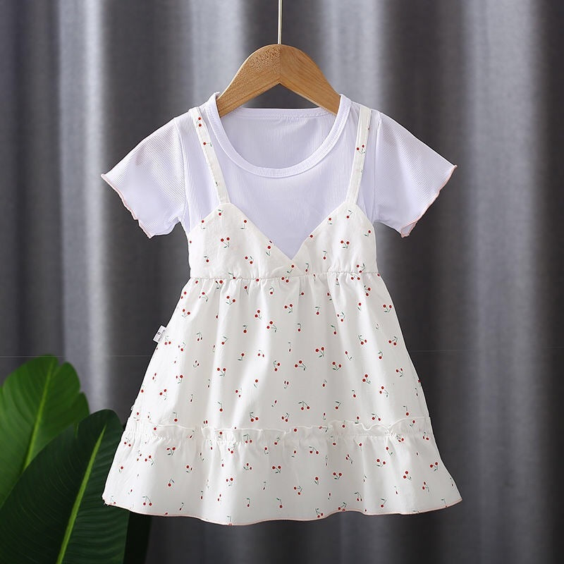 Girls' Dress Summer Style Fashion Round Neck Fake Two-piece Suspender Skirt