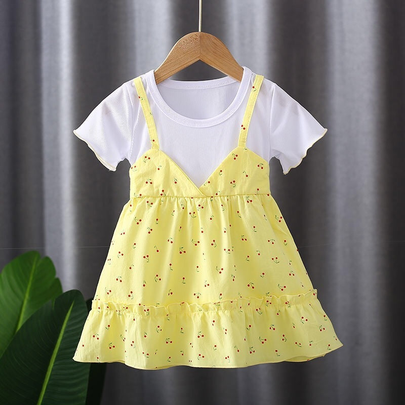 Girls' Dress Summer Style Fashion Round Neck Fake Two-piece Suspender Skirt