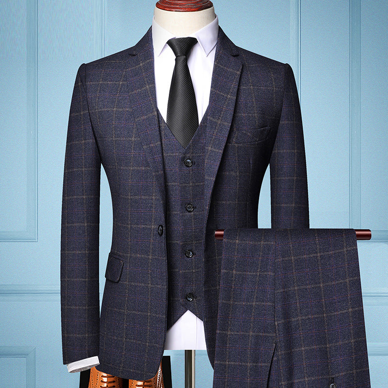 Plaid Suit Men's Suit Three-piece Suit Groom Wedding Dress Small Suit Trendy Jacket 