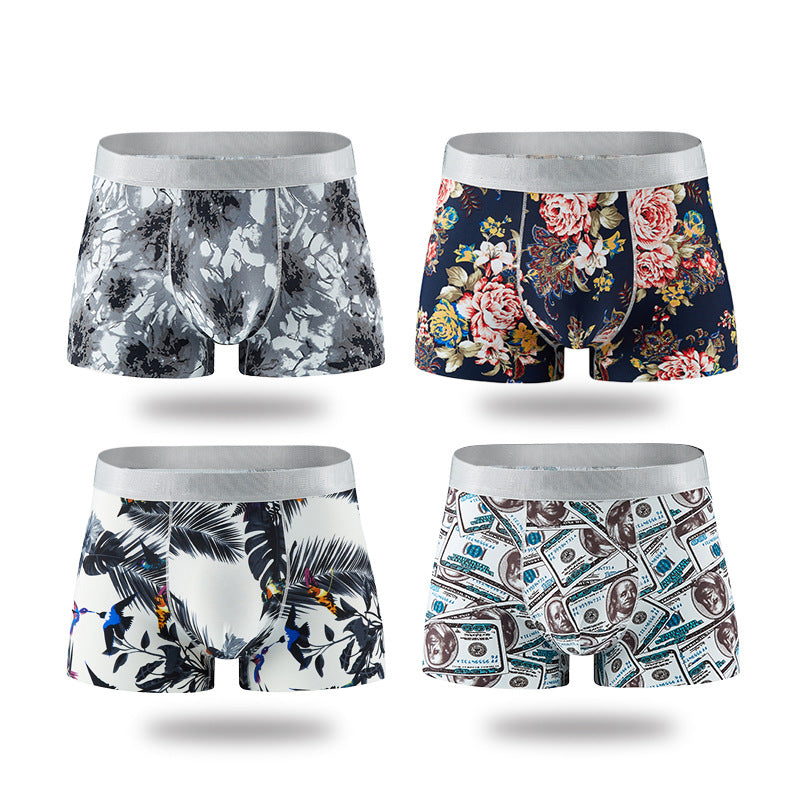 Shorts Breathable Four-corner Ice Silk Men's Underwear Printing Sexy Boxer Briefs 