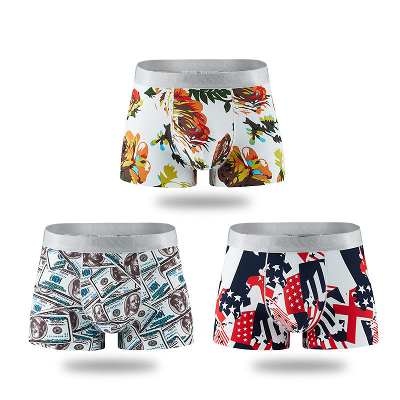 Shorts Breathable Four-corner Ice Silk Men's Underwear Printing Sexy Boxer Briefs 