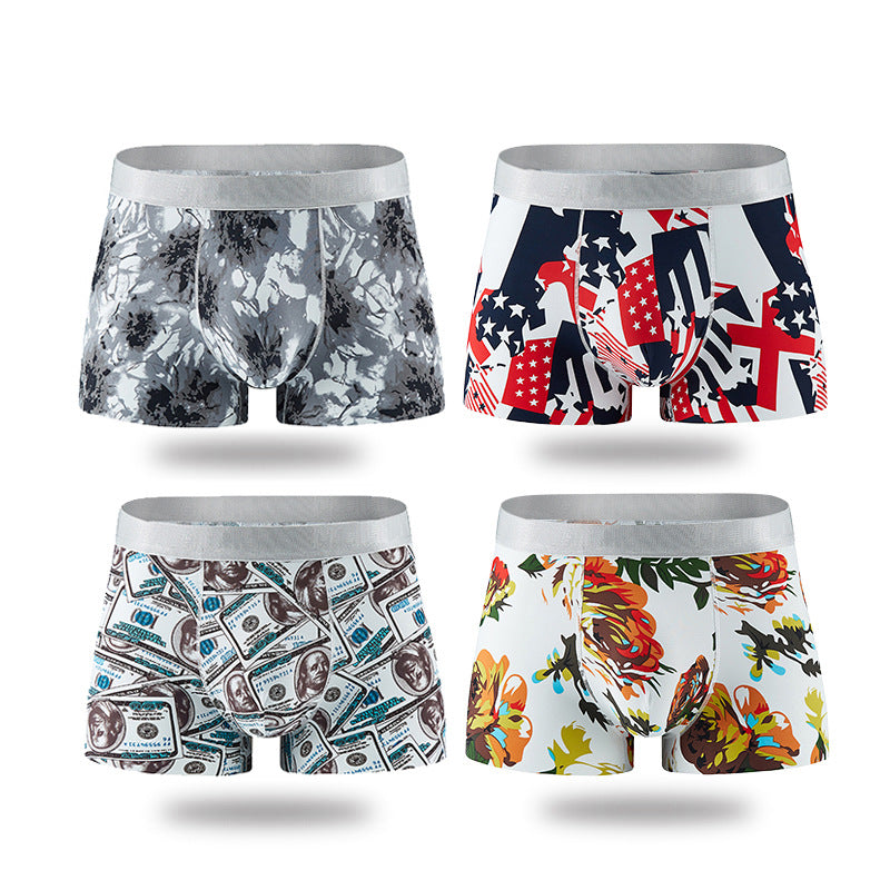 Shorts Breathable Four-corner Ice Silk Men's Underwear Printing Sexy Boxer Briefs 