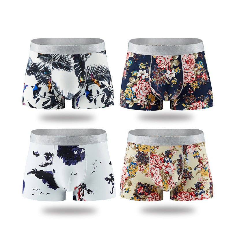 Shorts Breathable Four-corner Ice Silk Men's Underwear Printing Sexy Boxer Briefs