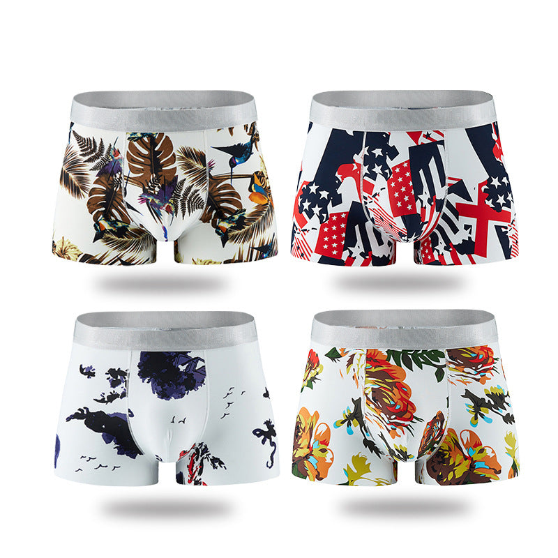 Shorts Breathable Four-corner Ice Silk Men's Underwear Printing Sexy Boxer Briefs